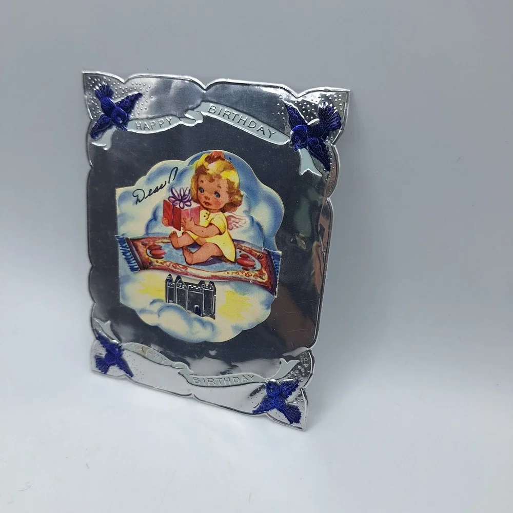 Vintage Angel Cherub Flying Magic Carpet Happy Birthday Silver Card Holder Frame